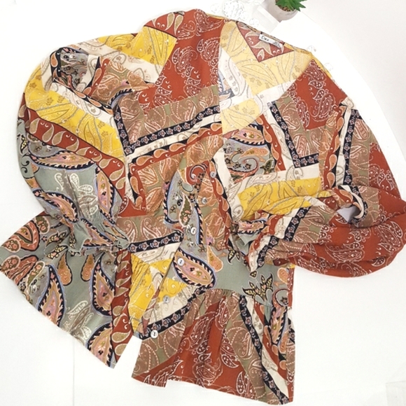 DEX🍂Multicolor Paisley Balloon Long Sleeves Peplum Blouse/ Top - Picture 4 of 10